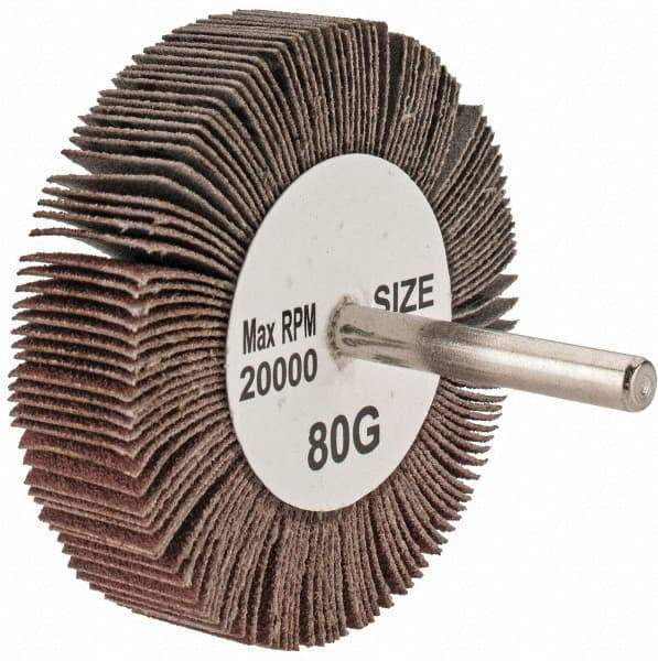 Tru-Maxx - 3" Diam x 3/4" Face Width, Medium Aluminum Oxide Coated Mounted Flap Wheel - 1/4" Shank Mount, 80 Grit, 20,000 Max RPM - Eagle Tool & Supply