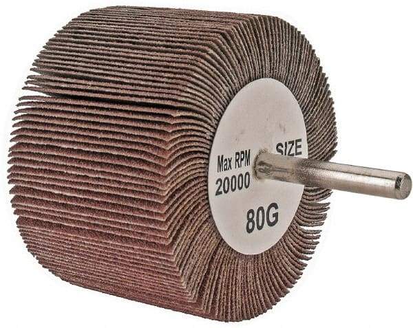 Tru-Maxx - 3" Diam x 2" Face Width, Medium Aluminum Oxide Coated Mounted Flap Wheel - 1/4" Shank Mount, 80 Grit, 20,000 Max RPM - Eagle Tool & Supply