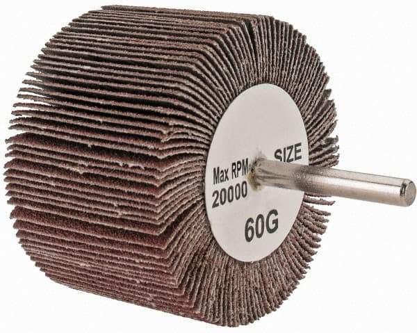 Tru-Maxx - 3" Diam x 2" Face Width, Medium Aluminum Oxide Coated Mounted Flap Wheel - 1/4" Shank Mount, 60 Grit, 20,000 Max RPM - Eagle Tool & Supply