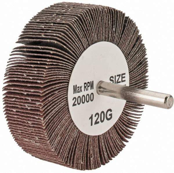 Tru-Maxx - 3" Diam x 1" Face Width, Fine Aluminum Oxide Coated Mounted Flap Wheel - 1/4" Shank Mount, 120 Grit, 20,000 Max RPM - Eagle Tool & Supply