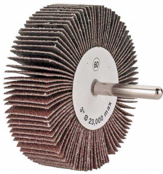 Tru-Maxx - 3" Diam x 1" Face Width, Medium Aluminum Oxide Coated Mounted Flap Wheel - 1/4" Shank Mount, 60 Grit, 20,000 Max RPM - Eagle Tool & Supply