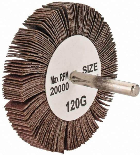 Tru-Maxx - 3" Diam x 1/2" Face Width, Fine Aluminum Oxide Coated Mounted Flap Wheel - 1/4" Shank Mount, 120 Grit, 20,000 Max RPM - Eagle Tool & Supply