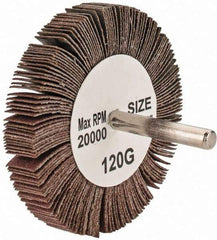 Tru-Maxx - 3" Diam x 1/2" Face Width, Fine Aluminum Oxide Coated Mounted Flap Wheel - 1/4" Shank Mount, 120 Grit, 20,000 Max RPM - Eagle Tool & Supply