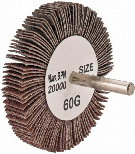 Tru-Maxx - 3" Diam x 1/2" Face Width, Medium Aluminum Oxide Coated Mounted Flap Wheel - 1/4" Shank Mount, 60 Grit, 20,000 Max RPM - Eagle Tool & Supply