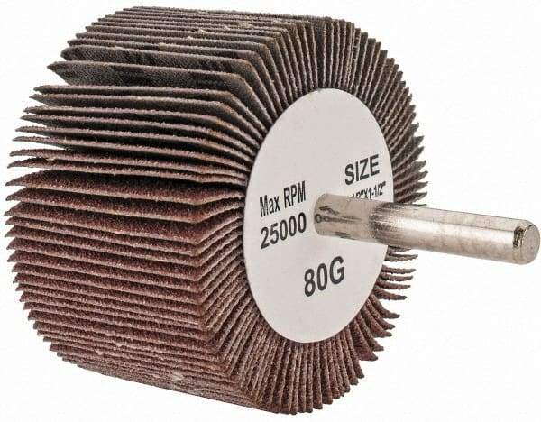 Tru-Maxx - 2-1/2" Diam x 1-1/2" Face Width, Medium Aluminum Oxide Coated Mounted Flap Wheel - 1/4" Shank Mount, 80 Grit, 25,000 Max RPM - Eagle Tool & Supply