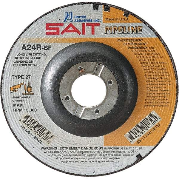 Sait - 24 Grit, 6" Wheel Diam, 1/8" Wheel Thickness, 7/8" Arbor Hole, Type 27 Depressed Center Wheel - Aluminum Oxide, Resinoid Bond, R Hardness, 10,200 Max RPM, Compatible with Angle Grinder - Eagle Tool & Supply