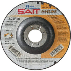 Sait - 24 Grit, 6" Wheel Diam, 1/8" Wheel Thickness, 7/8" Arbor Hole, Type 27 Depressed Center Wheel - Aluminum Oxide, Resinoid Bond, R Hardness, 10,200 Max RPM, Compatible with Angle Grinder - Eagle Tool & Supply