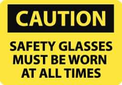 NMC - "Caution - Safety Glasses Must Be Worn at All Times", 10" Long x 14" Wide, Pressure-Sensitive Vinyl Safety Sign - Rectangle, 0.004" Thick, Use for Accident Prevention - Eagle Tool & Supply