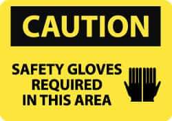 NMC - "Caution - Safety Gloves Required in This Area", 10" Long x 14" Wide, Pressure-Sensitive Vinyl Safety Sign - Rectangle, 0.004" Thick, Use for Accident Prevention - Eagle Tool & Supply