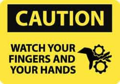 NMC - "Caution - Watch Your Fingers and Your Hands", 10" Long x 14" Wide, Pressure-Sensitive Vinyl Safety Sign - Rectangle, 0.004" Thick, Use for Accident Prevention - Eagle Tool & Supply