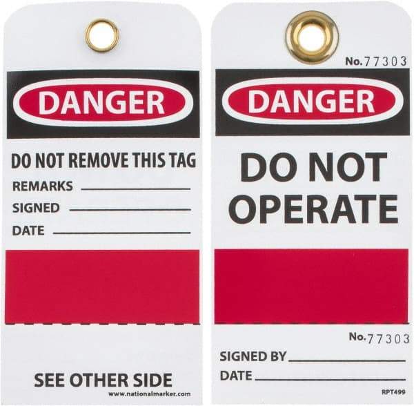 NMC - 3" High x 6" Long, DANGER - DO NOT OPERATE, English Safety & Facility Accident Prevention Tag - Tag Header: Danger, 2 Sides, Black, Red & White Unrippable Vinyl - Eagle Tool & Supply