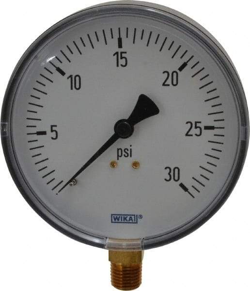 Wika - 4" Dial, 1/4 Thread, 0-30 Scale Range, Pressure Gauge - Lower Connection Mount, Accurate to 3-2-3% of Scale - Eagle Tool & Supply
