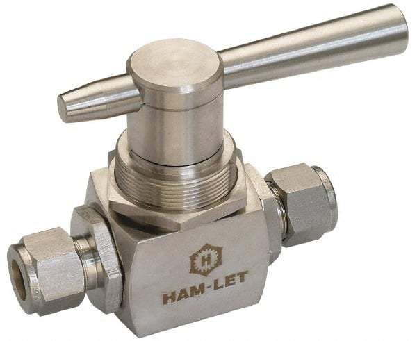 Ham-Let - 3/8" Pipe, Stainless Steel, Three Way, Instrumentation Ball Valve - 3,000 psi WOG Rating, Tee Handle, PTFE Seal, PTFE Seat, Swaglok SS-44XS6 - Eagle Tool & Supply
