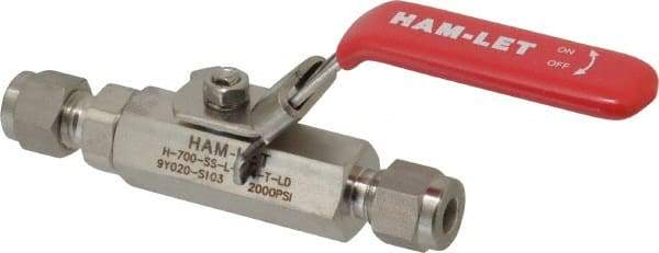 Ham-Let - 1/4" Pipe, Compression x Compression End Connections, Stainless Steel, Inline, Two Way Flow, Instrumentation Ball Valve - 2,000 psi WOG Rating, Locking Lever Handle, Reinforced PTFE Seal, Reinforced PTFE Seat - Eagle Tool & Supply