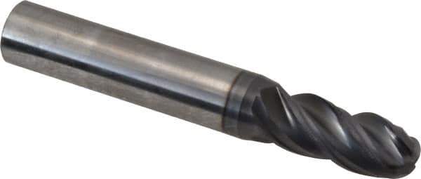 SGS - 11/32" Diam, 13/16" LOC, 4 Flute Solid Carbide Ball End Mill - AlTiN Finish, Single End, 2-1/2" OAL, 3/8" Shank Diam, Spiral Flute - Eagle Tool & Supply