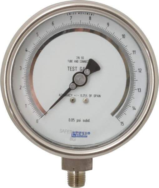 Wika - 4" Dial, 1/4 Thread, 0-15 Scale Range, Pressure Gauge - Lower Connection Mount, Accurate to 0.25% of Scale - Eagle Tool & Supply