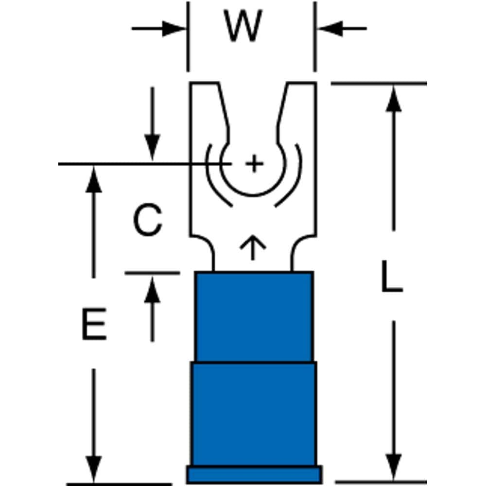 3M - #8 Stud, 16 to 14 AWG Compatible, Partially Insulated, Crimp Connection, Standard Fork Terminal - Eagle Tool & Supply