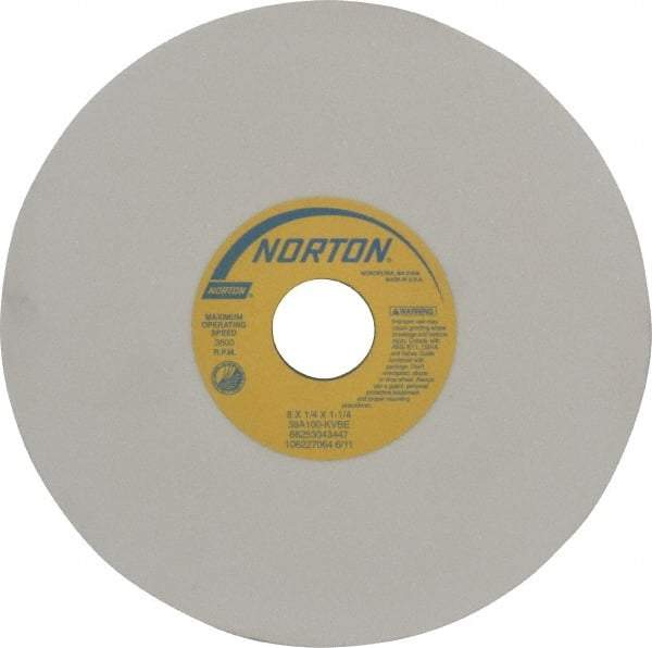 Norton - 8" Diam x 1-1/4" Hole x 1/4" Thick, K Hardness, 100 Grit Surface Grinding Wheel - Aluminum Oxide, Type 1, Fine Grade, 3,600 Max RPM, Vitrified Bond, No Recess - Eagle Tool & Supply