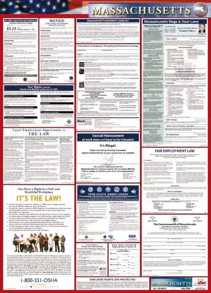 NMC - 24" Wide x 40" High Laminated Paper Labor Law Information Poster - Massachusetts Jurisdiction, 0.03" Thick, English - Eagle Tool & Supply