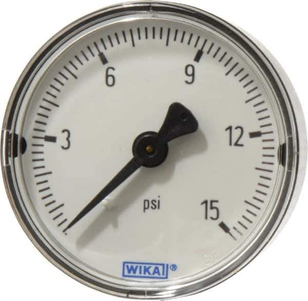 Wika - 2" Dial, 1/4 Thread, 0-15 Scale Range, Pressure Gauge - Center Back Connection Mount, Accurate to 3-2-3% of Scale - Eagle Tool & Supply
