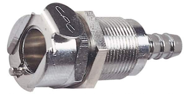 CPC Colder Products - 3/8" Inside Tube Diam, Brass, Quick Disconnect, Hose Barb Valved Panel Mount Coupling Body - 250 Max psi, -40 to 180°F, 1.87" OAL x 0.89" Overall Height, Chrome Plated - Eagle Tool & Supply