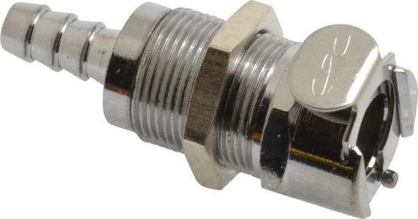 CPC Colder Products - 1/4" Inside Tube Diam, Brass, Quick Disconnect, Hose Barb Valved Panel Mount Coupling Body - 250 Max psi, -40 to 180°F, 2" OAL x 0.89" Overall Height, Chrome Plated - Eagle Tool & Supply