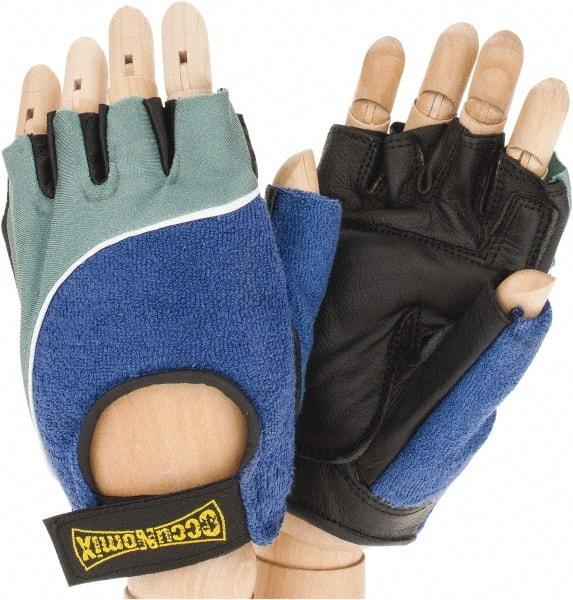 OccuNomix - Size M (8) Leather Anti-Vibration/Impact Protection Work Gloves - For General Purpose, Uncoated, Hook & Loop Cuff, Half Fingered, Black/Blue/Gray, Paired - Eagle Tool & Supply