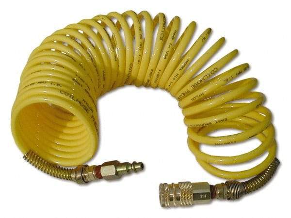 Coilhose Pneumatics - 3/8" ID, 3/8 Thread, 25' Long, Yellow Nylon Coiled & Self Storing Hose - 165 Max psi, Industrial Interchange Coupler x Male Swivel - Eagle Tool & Supply