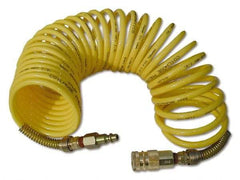 Coilhose Pneumatics - 3/8" ID, 3/8 Thread, 12' Long, Yellow Nylon Coiled & Self Storing Hose - 165 Max psi, Industrial Interchange Coupler x Male Swivel - Eagle Tool & Supply