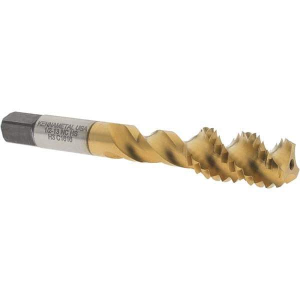 Kennametal - 1/2-13 UNC 3 Flute 3B Bottoming Spiral Flute Tap - Vanadium High Speed Steel, TiN Finish, 3.38" OAL, Right Hand Flute, Right Hand Thread, H3 - Eagle Tool & Supply