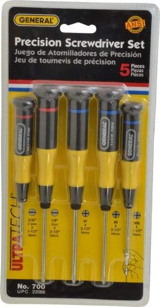 General - 5 Piece Phillips & Slotted Screwdriver Set - Electrician Shank, Plastic Handle, Blade Sizes: Length 1-1/2 & 2-1/2, Bit Sizes: Philips #00 to #1, Tip Thickness: 3/32 & 1/8 - Eagle Tool & Supply