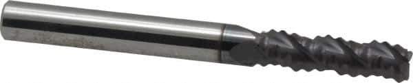 Accupro - 1/4" Diam, Coarse Pitch, 3/4" LOC, 3 Flute Solid Carbide Roughing Square End Mill - AlTiN Finish, 2-1/2" OAL, 1/4" Shank Diam, Single End, Centercutting, 30° Helix - Eagle Tool & Supply