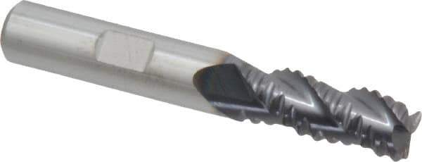 Accupro - 3/8" Diam, Coarse Pitch, 7/8" LOC, 3 Flute Solid Carbide Roughing Square End Mill - AlTiN Finish, 2-1/2" OAL, 3/8" Shank Diam, Single End, Centercutting, 30° Helix - Eagle Tool & Supply