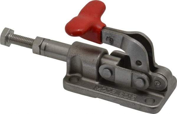 De-Sta-Co - 630 Lb Load Capacity, Flanged Base, Stainless Steel, Standard Straight Line Action Clamp - 4 Mounting Holes, 0.22" Mounting Hole Diam, 0.39" Plunger Diam, T-Handle Handle - Eagle Tool & Supply