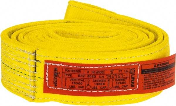 Lift-All - 8' Long x 3" Wide, 16,300 Lb Vertical Capacity, 2 Ply, Polyester Web Sling - 13,000 Lb Choker Capacity, Yellow - Eagle Tool & Supply