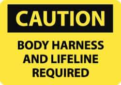NMC - "Caution - Body Harness and Lifeline Required", 10" Long x 14" Wide, Pressure-Sensitive Vinyl Safety Sign - Rectangle, 0.004" Thick, Use for Accident Prevention - Eagle Tool & Supply