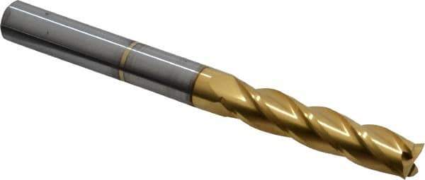 Hertel - 3/8", 1-3/4" LOC, 3/8" Shank Diam, 4" OAL, 4 Flute, Solid Carbide Square End Mill - Single End, TiN Finish, Spiral Flute, 30° Helix, Centercutting, Right Hand Cut, Right Hand Flute - Eagle Tool & Supply