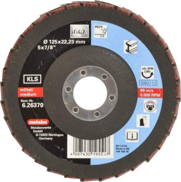 Metabo - 120 Grit, 5" Disc Diam, 7/8" Center Hole, Type 27 Aluminum Oxide Flap Disc - 12,200 Max RPM, Nylon Backing, Coated & Non-Woven Combo - Eagle Tool & Supply
