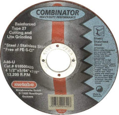Metabo - 4-1/2" Zirconia Alumina Cutoff Wheel - 5/64" Thick, 7/8" Arbor, Use with Angle Grinders - Eagle Tool & Supply
