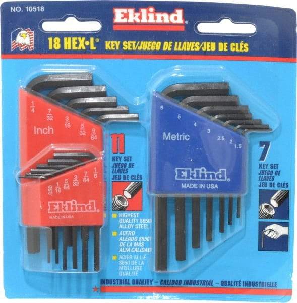 Eklind - 18 Piece L-Key Hex Key Set - Hex Range 0.05 to 1/4" - Eagle Tool & Supply