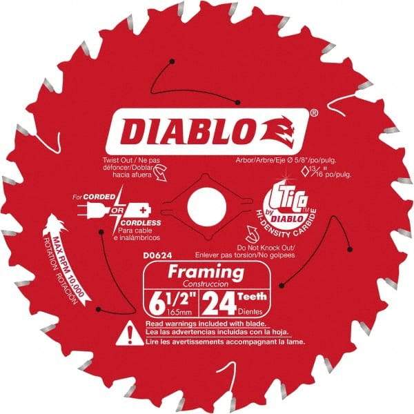 Freud - 6-1/2" Diam, 5/8" Arbor Hole Diam, 24 Tooth Wet & Dry Cut Saw Blade - Carbide-Tipped, Standard Round Arbor - Eagle Tool & Supply