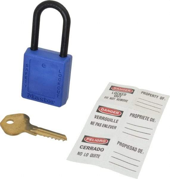 Master Lock - Keyed Different Nonconductive Lockout Padlock - 1-1/2" Shackle Clearance, 1/4" Shackle Diam, 1-3/4" Body Height x 1-1/2" Body Width, Blue, 6 Pins - Eagle Tool & Supply