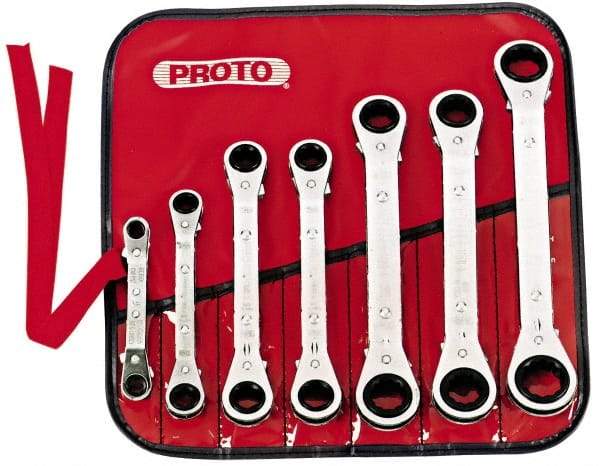 Proto - 7 Piece, 7mm to 21mm, 6, 12 Point Ratcheting Box Wrench Set - Metric Measurement Standard, Chrome Finish, Comes in Pouch - Eagle Tool & Supply