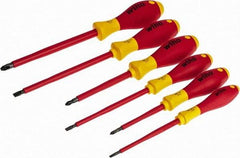 Wiha - 6 Piece Phillips & Slotted Screwdriver Set - Round Shank, Insulated Handle, Bit Sizes: Philips #1 to #3, Tip Thickness: 9/64, 3/16 & 1/4 - Eagle Tool & Supply