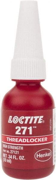 Loctite - 10 mL Bottle, Red, High Strength Liquid Threadlocker - Series 271, 24 hr Full Cure Time, Hand Tool, Heat Removal - Eagle Tool & Supply