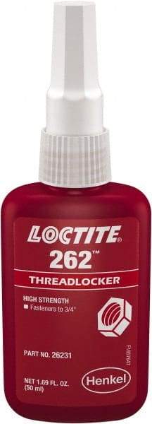 Loctite - 50 mL Bottle, Red, High Strength Liquid Threadlocker - Series 262, 24 hr Full Cure Time, Hand Tool, Heat Removal - Eagle Tool & Supply