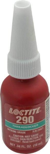 Loctite - 10 mL Bottle, Green, Medium Strength Liquid Threadlocker - Series 290, 24 hr Full Cure Time, Hand Tool, Heat Removal - Eagle Tool & Supply
