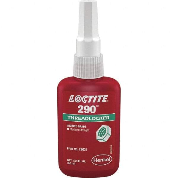 Loctite - 50 mL Bottle, Green, Medium Strength Liquid Threadlocker - Series 290, 24 hr Full Cure Time, Hand Tool, Heat Removal - Eagle Tool & Supply