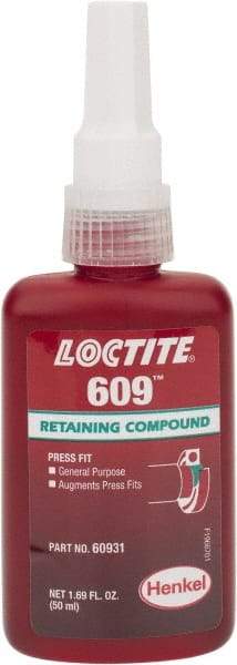 Loctite - 50 mL Bottle, Green, Medium Strength Liquid Retaining Compound - Series 609, 24 hr Full Cure Time, Heat Removal - Eagle Tool & Supply