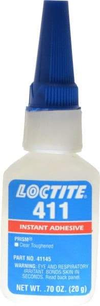 Loctite - 0.70 oz Bottle Clear Instant Adhesive - Series 411, 30 sec Fixture Time, 24 hr Full Cure Time, Bonds to Metal, Plastic & Rubber - Eagle Tool & Supply